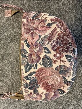 Floral Tapestry Half-Moon Shoulder Bag in Pink and Blue